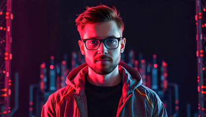 Young Man with Red and Blue Neon Lights.