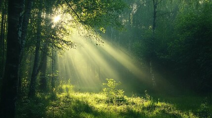 Obraz premium Sunbeams Filtering Through a Dense Forest Canopy