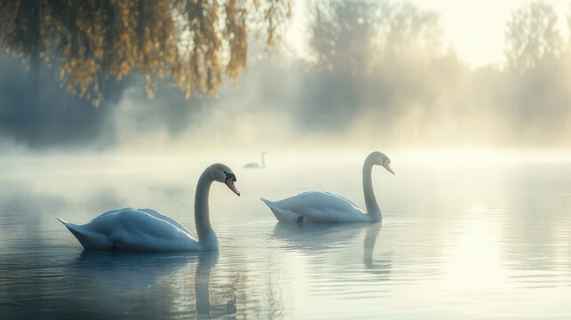 Graceful Swans Gliding on a Misty Lake