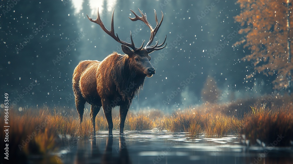 Poster Majestic Deer in a Misty Forest - Wildlife Photography