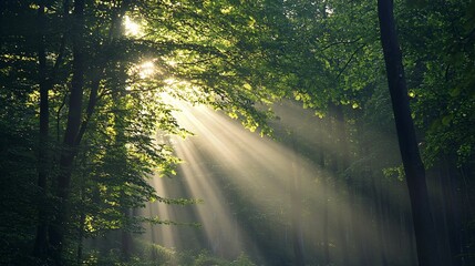 Fototapeta premium Sunlight Beams Through Foliage in a Dense Forest
