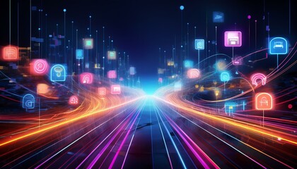 Abstract digital background with neon light trails and social media icons, representing connection and communication.