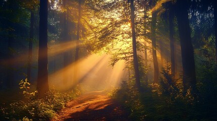Obraz premium Sunbeams Illuminating a Forest Path Through Mist