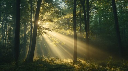 Fototapeta premium Sunbeams Illuminating a Misty Forest Path