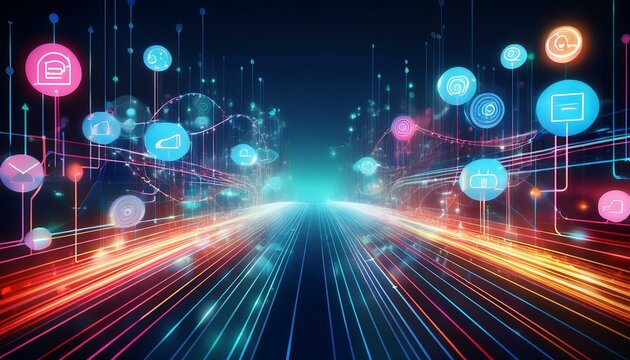 Abstract digital background with neon light trails and social media icons, representing connection and communication. - Powered by Adobe