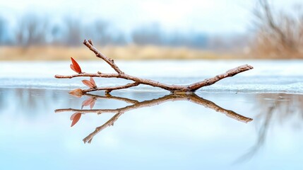 Obraz premium Branch with Buds Reflecting in Water