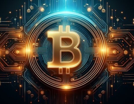 Abstract digital currency symbol on a glowing circuit board.