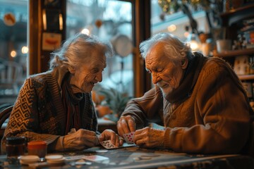 An elderly couple playing cards in a cozy dining room with warm lighting, illustrating daily activities of seniors.