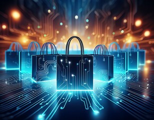 Abstract digital illustration of a network of glowing shopping bags and circuit board. Concept of e-commerce, online shopping, and secure payments.