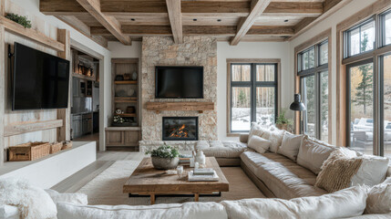 Modern Rustic Living Room with Fireplace  Leather Sofa and Mountain View