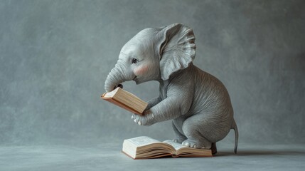 Thoughtful Elephant Holding a Savings Book with Its Trunk on a Pearl Gray Background. A Whimsical Representation of Financial Literacy.