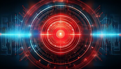 Abstract digital interface with a glowing red circle and data streams.