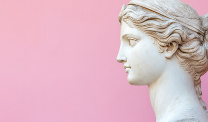 Obraz premium A classical white marble statue of a woman against a pastel pink background. The image is a fusion of classical art and modern minimalism, ideal for creative and artistic projects.