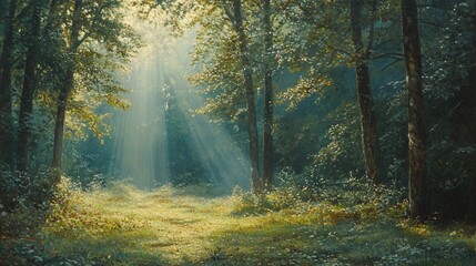 Obraz premium Sunbeams Illuminating a Path in a Lush Forest