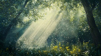 Sunbeams Illuminating a Woodland Clearing with Flowers and Butterflies