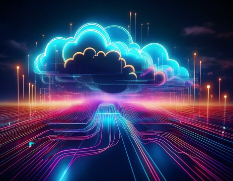 Abstract digital landscape with glowing neon clouds and lines representing the internet or cloud computing.