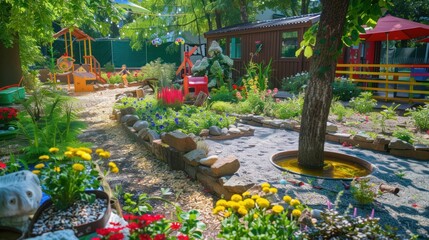 A whimsical garden with a path winding through a variety of plants and flowers