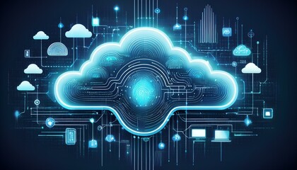 Obraz premium Abstract digital representation of cloud computing with glowing lines and symbols.