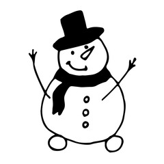 Happy round snowman with warm scarf around neck and hat. White and black simple line vector design doodle elements.