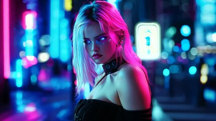 A powerful cyberpunk woman standing in the middle of a neon-lit futuristic city, exuding confidence and mystery. Ideal for sci-fi or urban-themed projects.
- Powered by Adobe