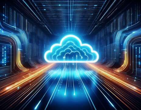 Abstract digital tunnel with a glowing cloud icon representing cloud computing and data storage.
