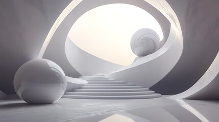 Abstract white futuristic architecture with curved walls, stairs, and sphere. Minimalist modern design. 3d rendering.