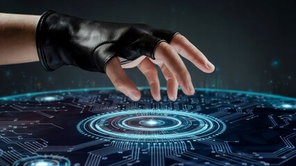 A human hand reaches out to a digital interface. The hand appears to be superimposed on a background with intricate circuitry patterns, reminiscent of a futuristic or high-tech scene.