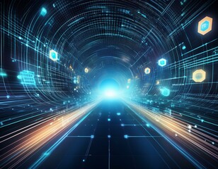 Abstract digital tunnel with glowing icons and lines, representing fast data flow and connection.