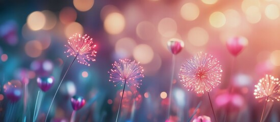 Colorful glowing flowers brighten a dreamy landscape at sunset in a magical garden setting