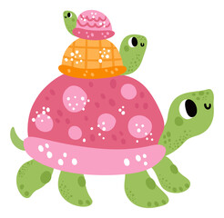 Cute turtle family walking together. Baby ride on mom