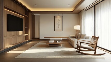 Fototapeta premium Beautiful Minimal Brown Colored Living Room Interior 