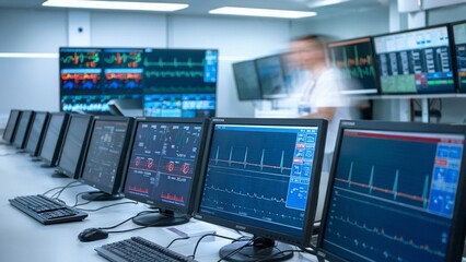 Modern control rooms or command centers have rows of computer screens displaying various data, charts, and graphs, and are staffed by employees or technicians looking after equipment.