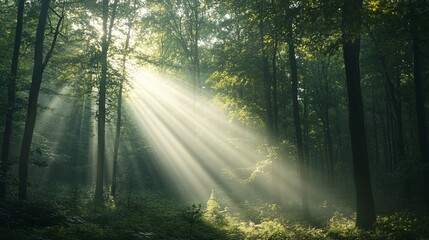 Obraz premium Sunbeams Illuminating a Misty Forest Path