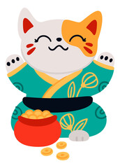 Funny cat in japanese clothes. Traditional lucky toy