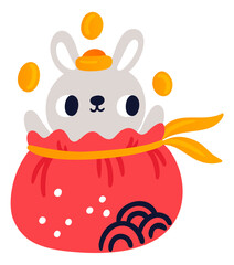 Cute rabbit in chinese money bag. Wealth mascot