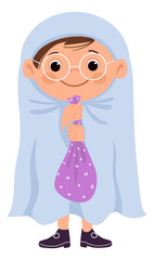 Trick or treating kid in white sheet. Funny cartoon ghost costume