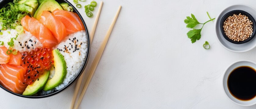 Delicious sushi bowl with fresh salmon, avocado, and vibrant toppings on a light background