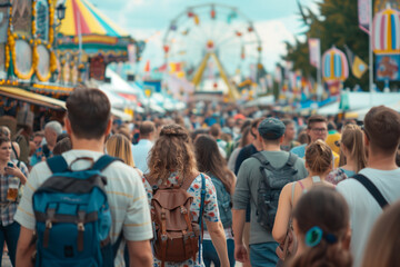 A bustling crowd at Oktoberfest with vibrant stalls and a Ferris wheel in the background. The lively atmosphere and colorful decorations highlight the excitement and energy of the famous German festiv