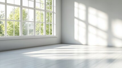 Bright and spacious empty room with large windows and natural light in a serene setting