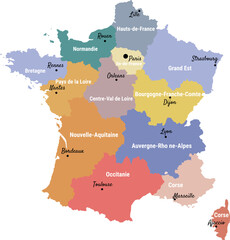 Map of France with regions and regional cities, flat style, vector illustration