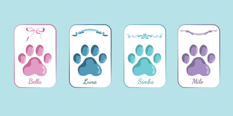Cat paw prints, footprints of beloved pets in different colors, vector, flat