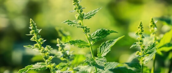 Vibrant green nettle plants growing in a sunlit garden during the early summer months showcasing their lush foliage and growth
