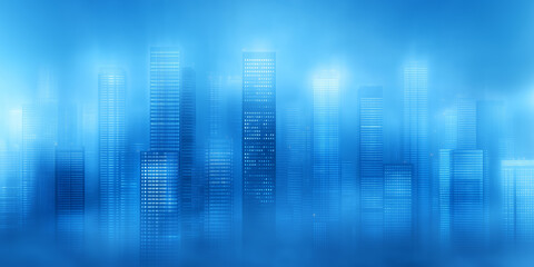 Fototapeta premium Modern city skyline shrouded in mist during twilight with glowing lights in the background
