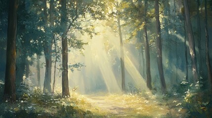 Obraz premium Sunbeams Filtering Through Tall Trees in a Forest