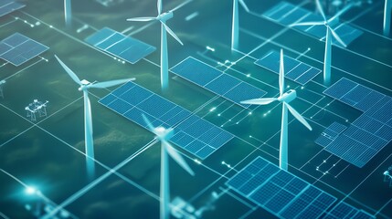Fototapeta premium Wind turbines and solar panels in harmony