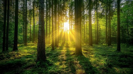 Obraz premium Sunbeams Illuminating a Lush Forest Floor