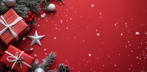 Festive holiday decorations with wrapped gifts and ornaments on a red background
