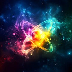 A vibrant and colorful abstract illustration of an atom with glowing rings and a bright core against a dark background. The illustration is made up of vibrant colors and glowing lights.