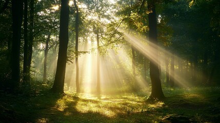 Fototapeta premium Sunbeams Illuminating a Misty Forest Path