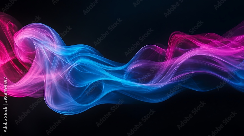 Sticker Abstract Blue and Pink Smoke Swirling on Black Background